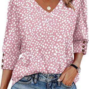 Womens 3/4 Sleeve Tops with Buttons V-Neck Summer Outfits Casual Blouses Shirts